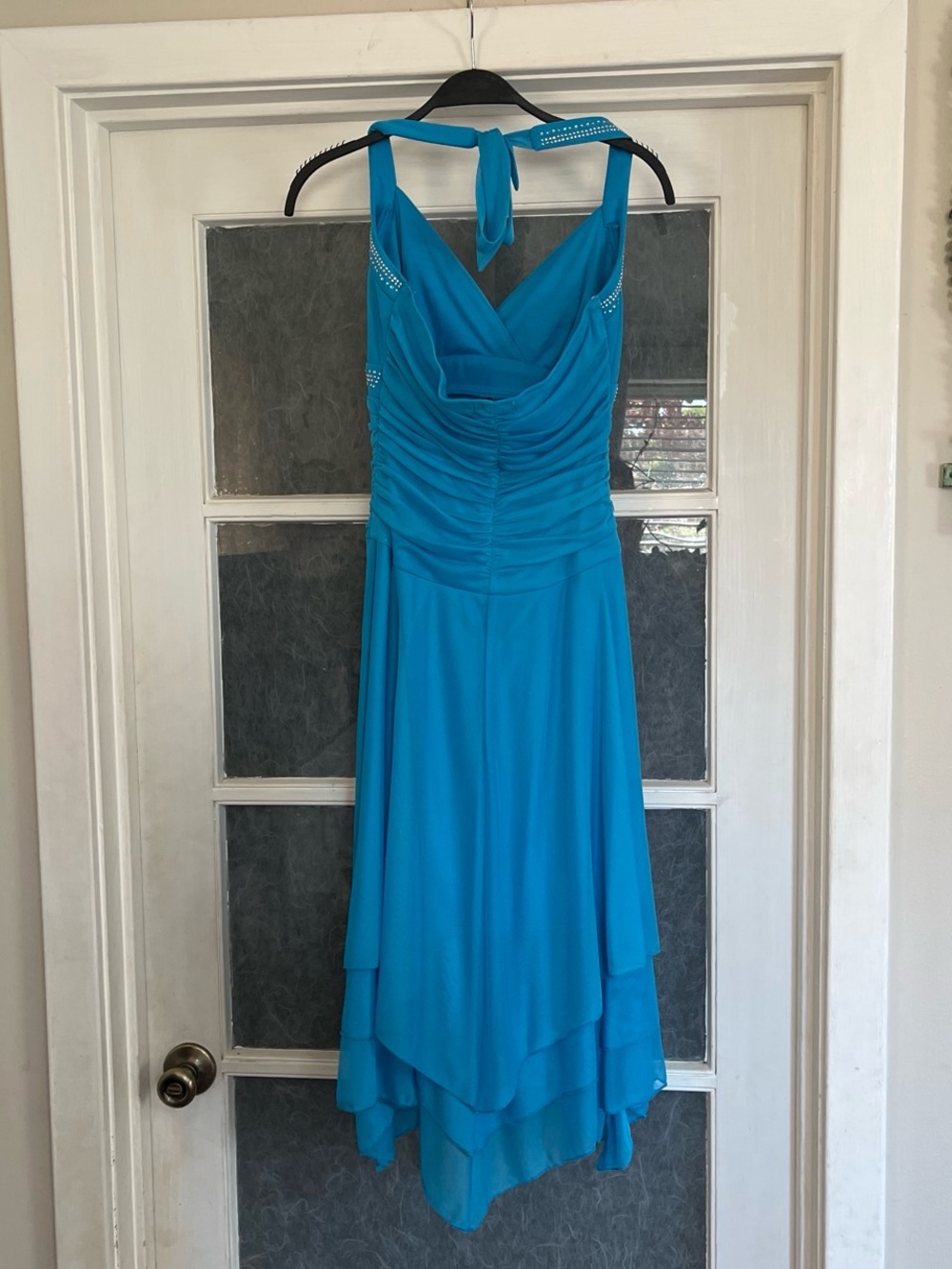 Y2k Turquoise Halter-Back High-Low Fairy  Dress with Rhinestone Accents - Picture 3 of 8